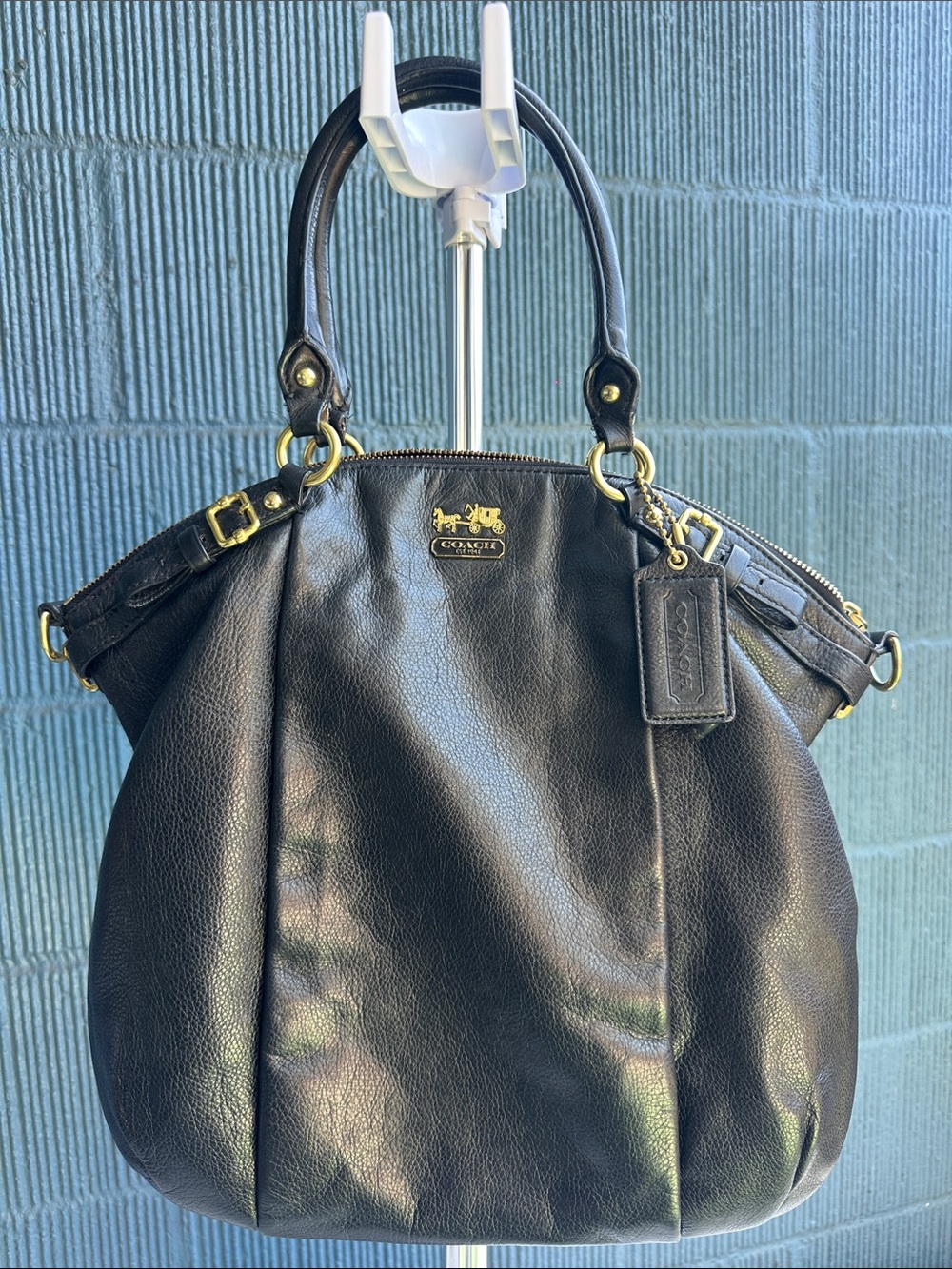 Coach Black Pebbled Leather Shoulder Bag with Gold Accents